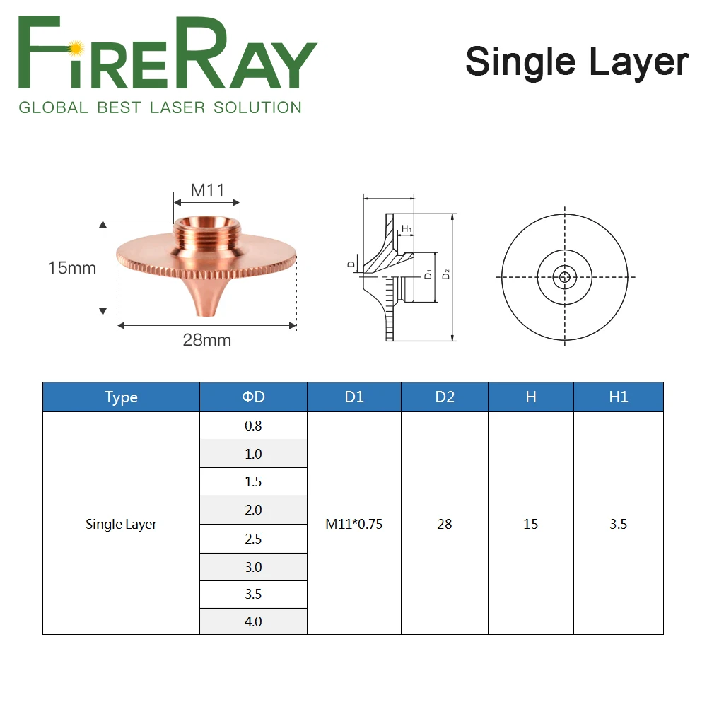 Лазерная насадка FireRay диаметром 28 мм, однослойный двухслойный Калибр 0,8-6,0 для волоконной лазерной режущей головки