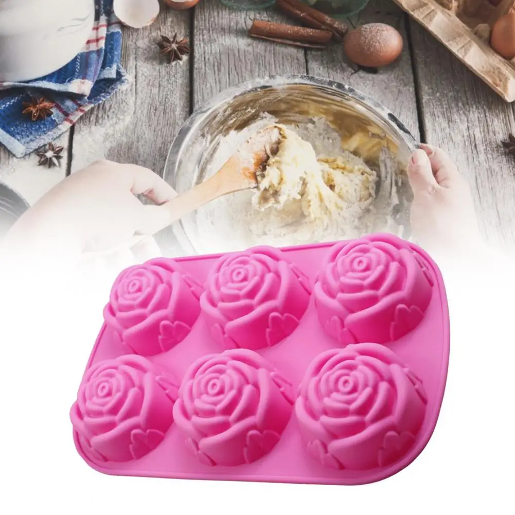 1pcs Cake Mold 3D Reusable 6-Cavity Non-stick Rose Flower Shape Fondant Mould for Kitchen Fondant Heat Resistant Silicone Tools