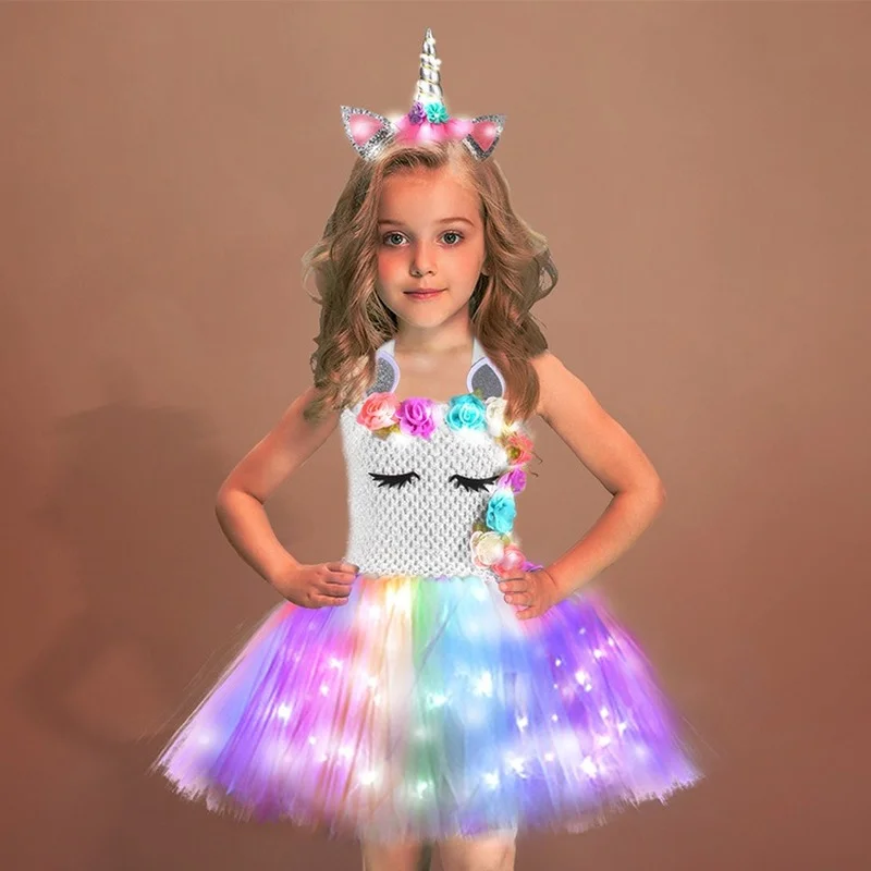 Children Unicorn Girls Dress With LED Light Shiny Flower Birthday Party Gift Halloween Cosplay Costume Kids Christmas Clothing