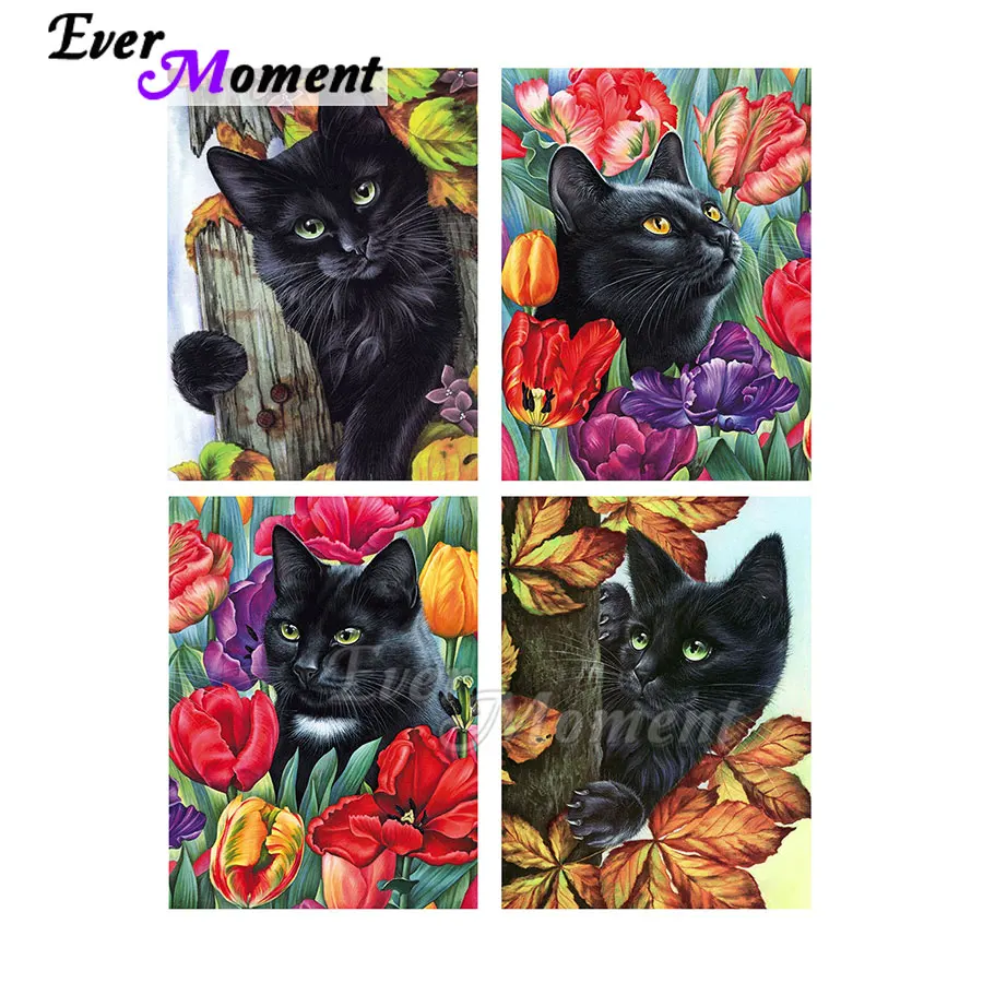 Ever Moment Diamond Painting Black Cat With Floral Leaves Full Square Round Resin Drill Wall Decoration Handmade Kits ASF2246