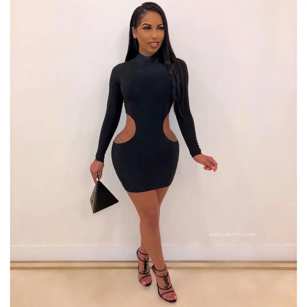 SKMY Women Clothing Round Neck Long Sleeve Bodycon Dress Spring New Fashion Sexy Side Cut Out Black Dress Party Clubwear
