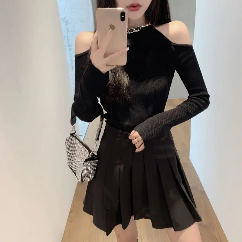 Woman Sweaters Femme Chandails Short Sweater Women's Autumn and Winter Drill Chain Knitwear off-the-Shoulder Top Pull Hiver