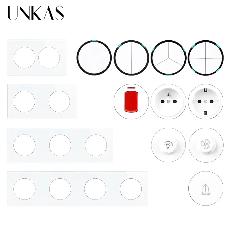 UNKAS DIY Free Combination 1 2 3 4 Gang 1 / 2 Way Random Click On / Off Pass Through Light Switch LED Indicator EU French Socket