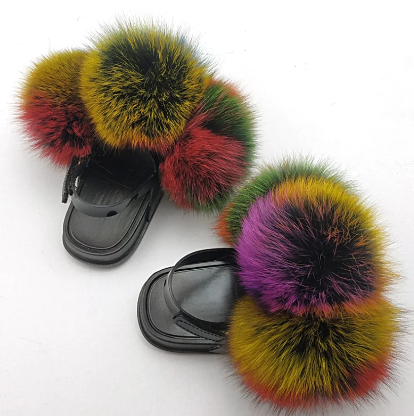 Kids Real Fox Slippers Cute Raccoon Slides Fluffy Slippers Toddler Slipper Baby Girls Fur Slides Summer Flip Flops With Fur