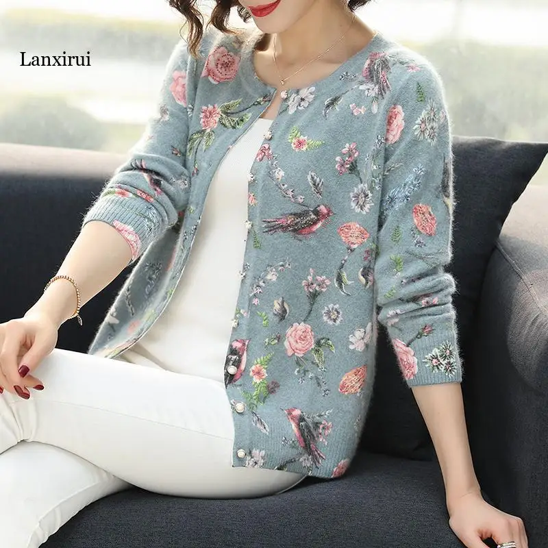 Women Cardigans Sweater Autumn Winter Floral bird pattern Knitted Coat Cardigan Single Breasted Casual Knit Jacket Sweater