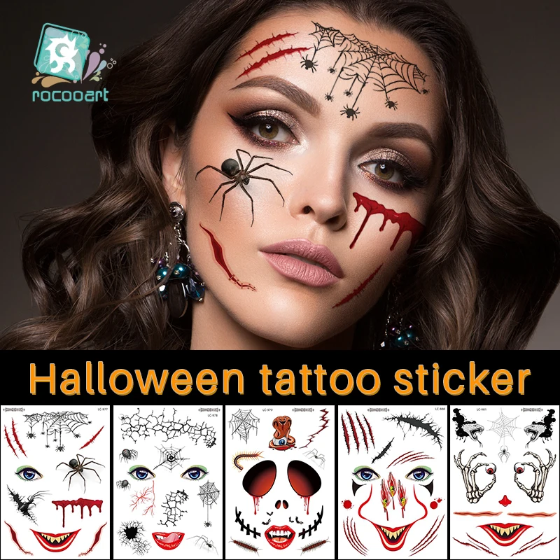 

Rocooart 2020 Halloween Holiday Face Makeup and Terror Spider and Scar Mask Design Fake Temporary Waterproof Tattoo Sticker