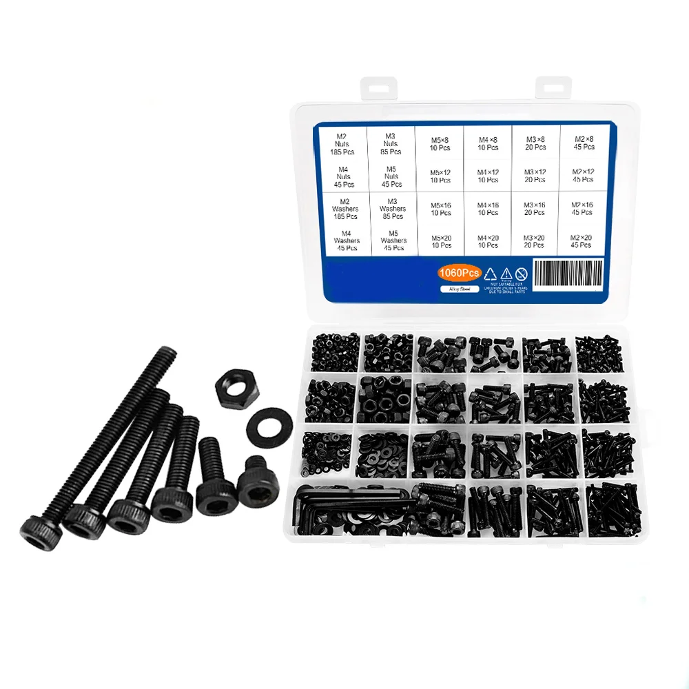 

1060pcs M2 M3 M4 M5 Hex Socket Screw Set Carbon Steel Flat Round Cap Head Screws Bolts and Nuts Assortment Kit with Storage Box