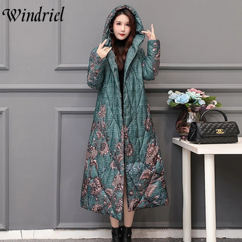 Windriel Oversized Loose Parkas Lady Print High Street Long Coats Women Cotton Padded Clothing Outerwear Hooded Jackets