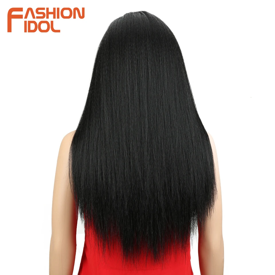 FASHION IDOL 13*4 Lace Front Wig Synthetic Ombre Brown Color Yaki Straight Wig 26 inch Heat Resistant Fiber Wigs For Black Women