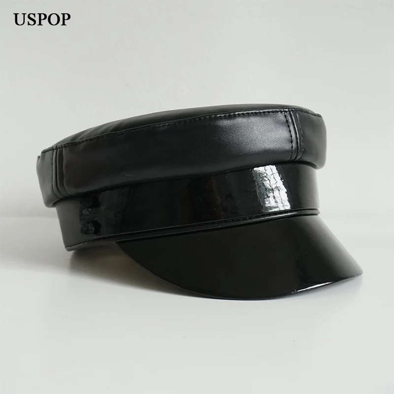 USPOP New Leather PU Newsboy caps Women Flat Visor Cap Solid Color Militray caps S M L