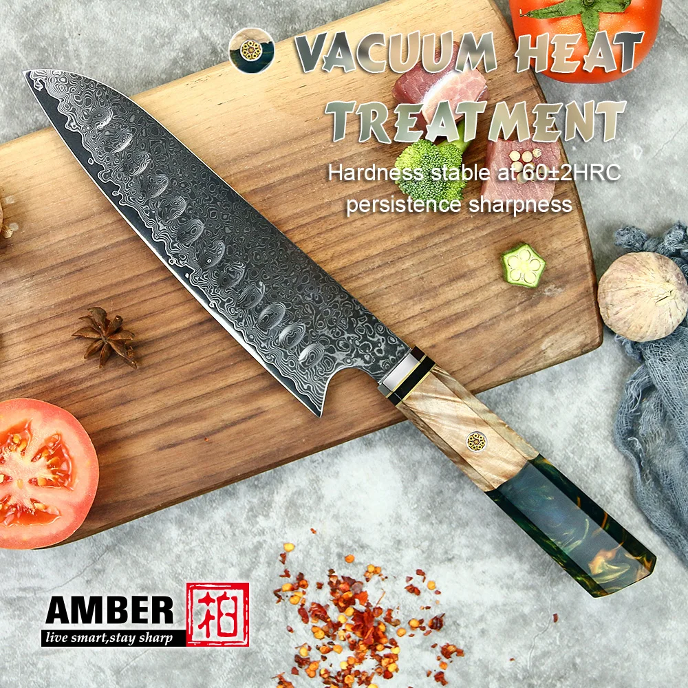 AMBER 7 inch Santoku Knife 67 Layers VG10 Damascus Steel Kitchen Knives Expoxy Resin Stabilized Wood Handle Japanese Knife