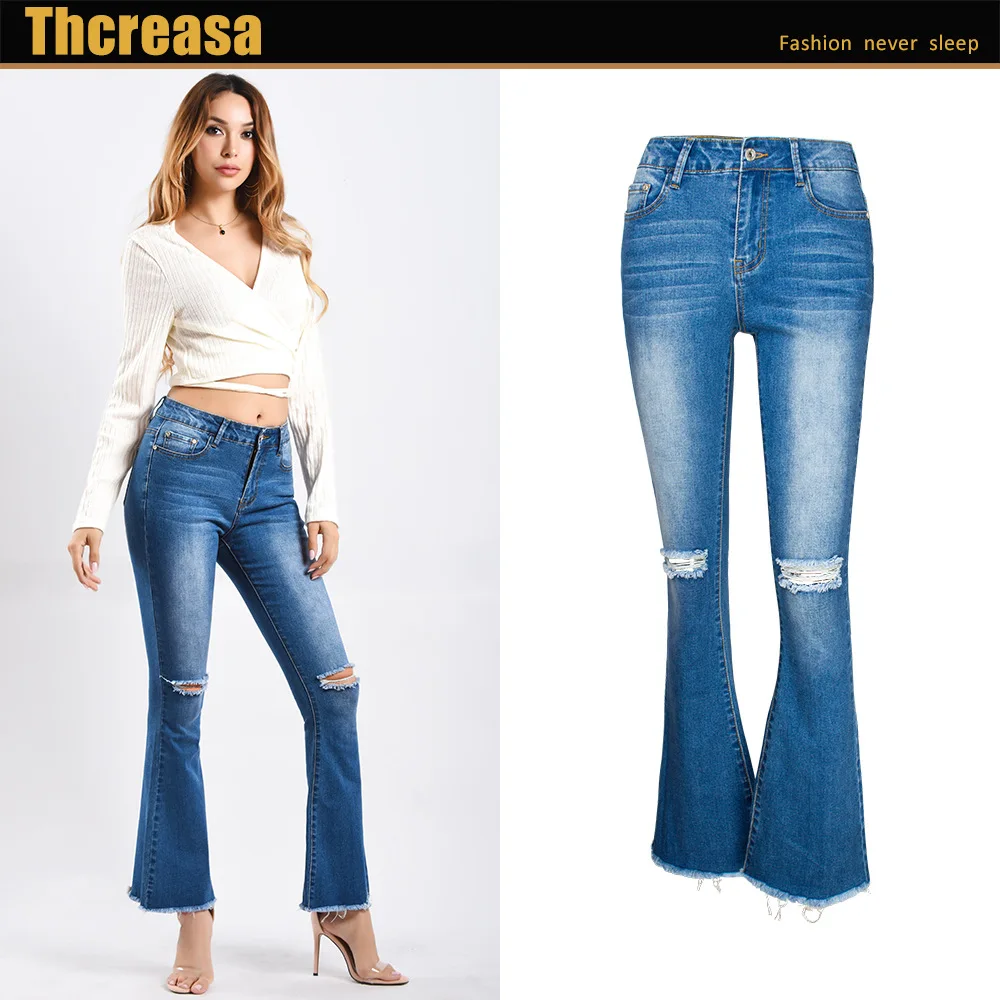 

Women's New Wide Leg Pants Denim Bell-bottom Pants Women's Pierced Flash Trousers