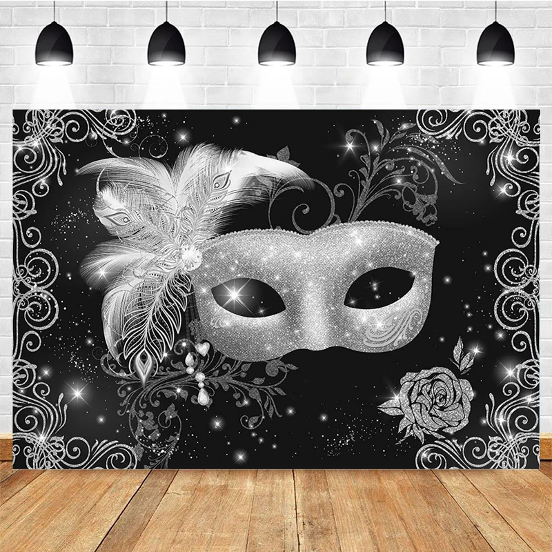 Mask Masquerade Party Backdrop Decorations Balloons Feather Glitter Bokeh Mask Photo Happy Birthday Cake Table Background Props