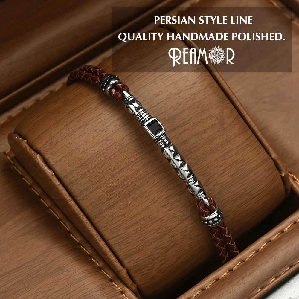 REAMOR Luxury Zircon Persian Courage Sword Knot Spiral Stainless Steel Magnetic Clasp Brown Cowhide Leather Men Women Bracelets