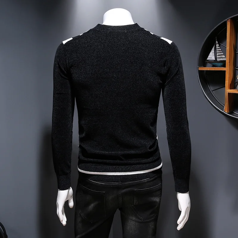 Casual Fashion Pullover Men Round Neck Slim Fit Striped Sweater Males Elastic Mixed Color Jacquard Knitting Tops Autumn Winter