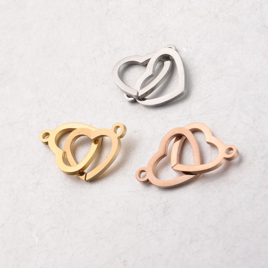 Fnixtar Interlocking Double Hearts Charm Connector DIY Mirror Polished Stainless Steel Heart Charms 12*20mm 20Piece/lot