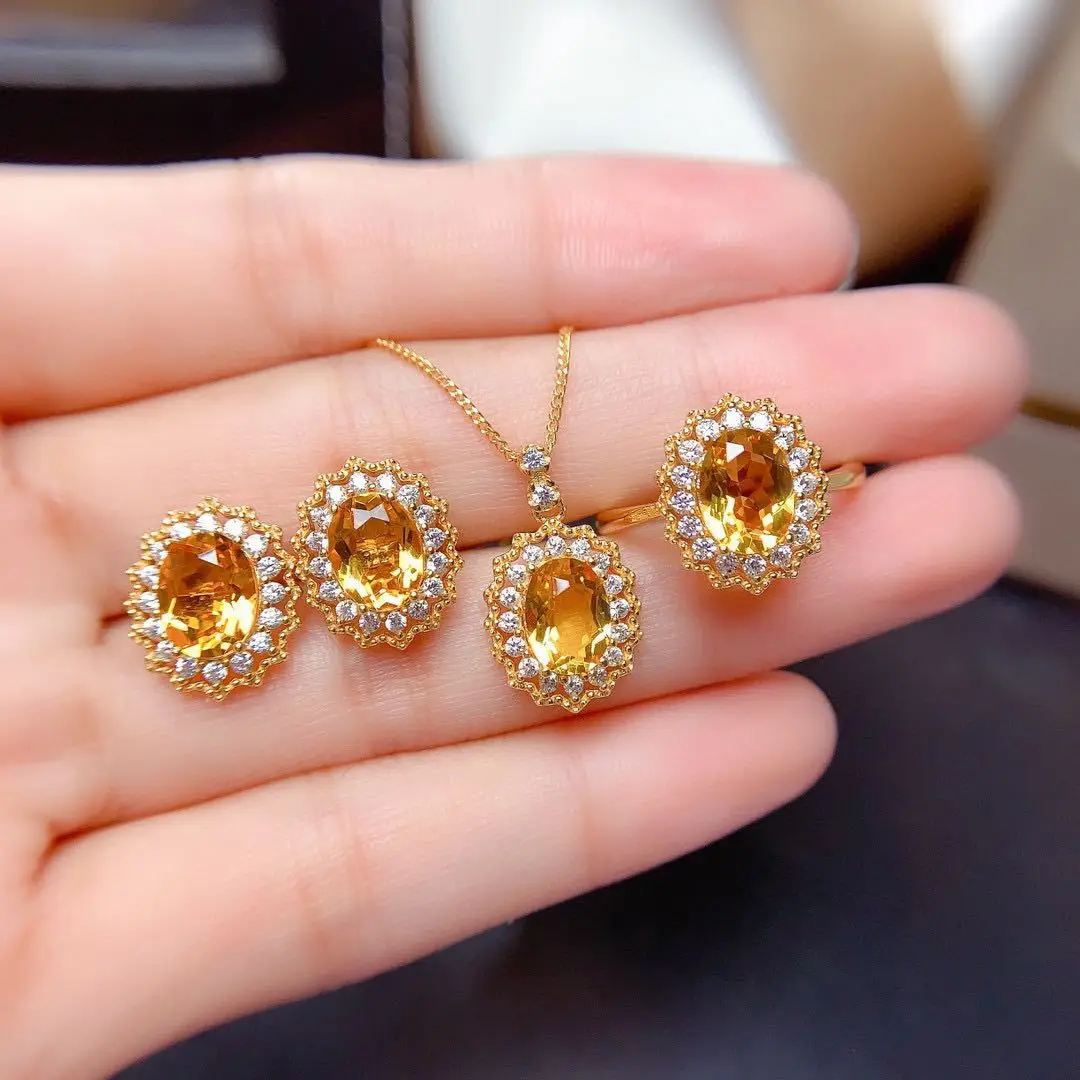 Luxury Delicate Yellow Crystal Tourmaline Pendant Necklaces Earrings Rings 3 Pieces Set Classic Wedding Banquet Jewelry Sets