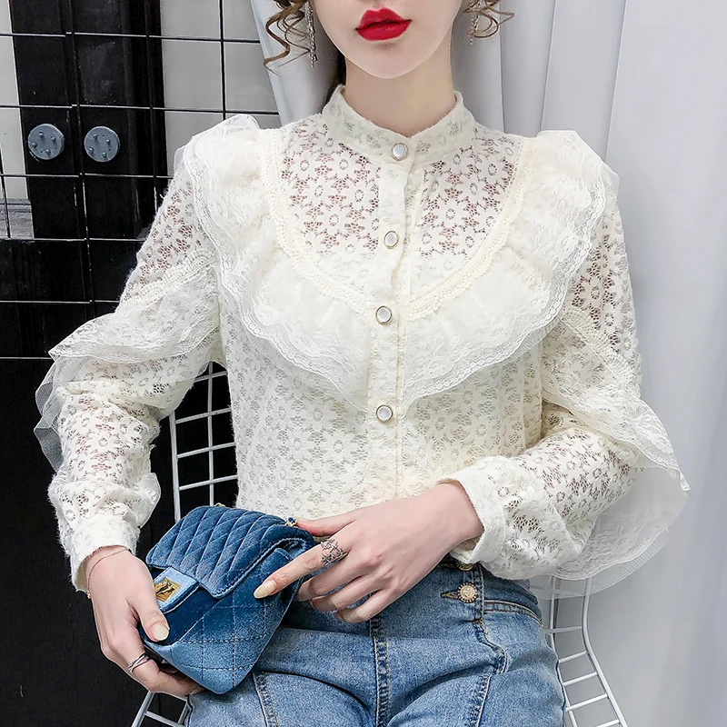 White Lace Shirt 2021 Spring New Style Sweet Lace Ruffled Stand-up Collar Cardigan Shirt Long-sleeved Thin Top Shirts for Women