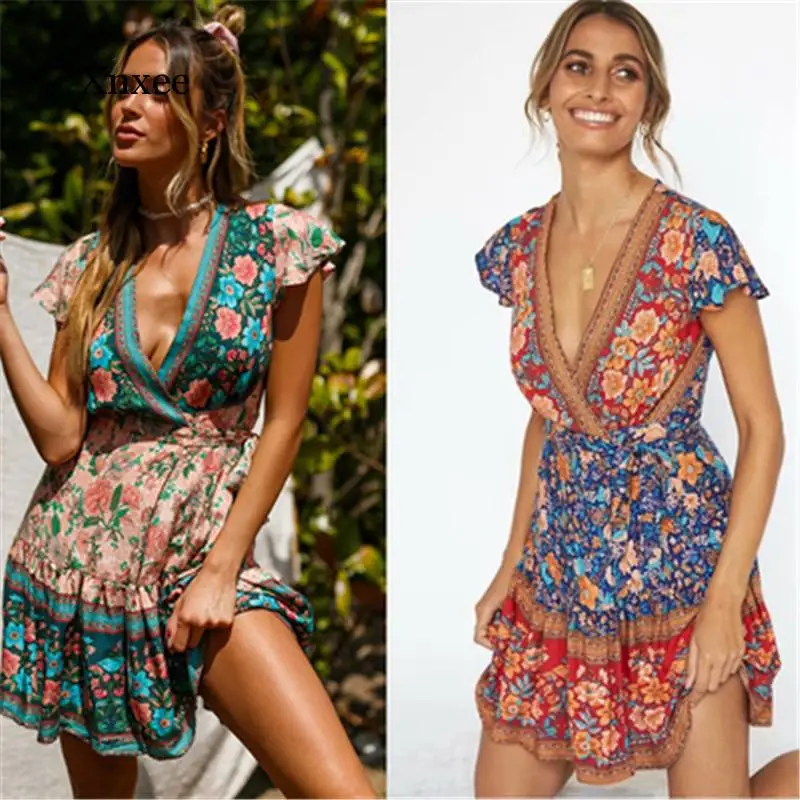 Summer V-Neck Sexy Short Dress Women Short Sleeve Bohemian Print Above Knee Vintage A-Line Mini Dress Beach Female Clothing