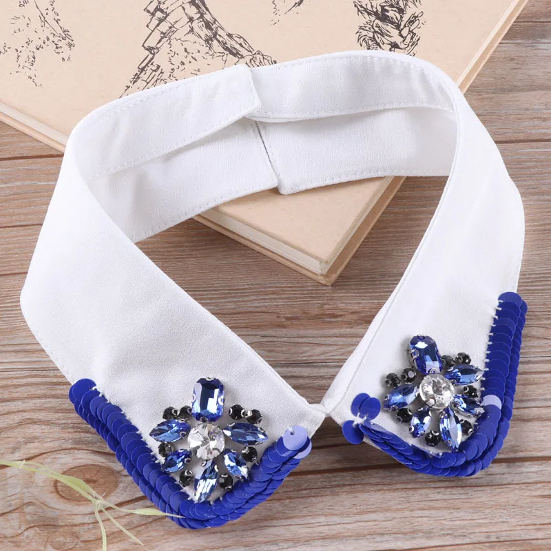 Women Neckwear Tie Pearl Bead Sequin Neckline Fake Collar Rhinestone Flower Detachable False Collar Removable Lapel Blouse Tops