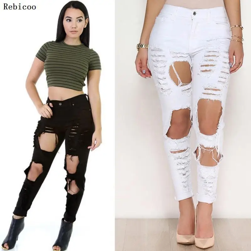 Spring and autumn new hole tearing jeans lady casual fashion buckle personalized beggars high waist Slim stretch pant