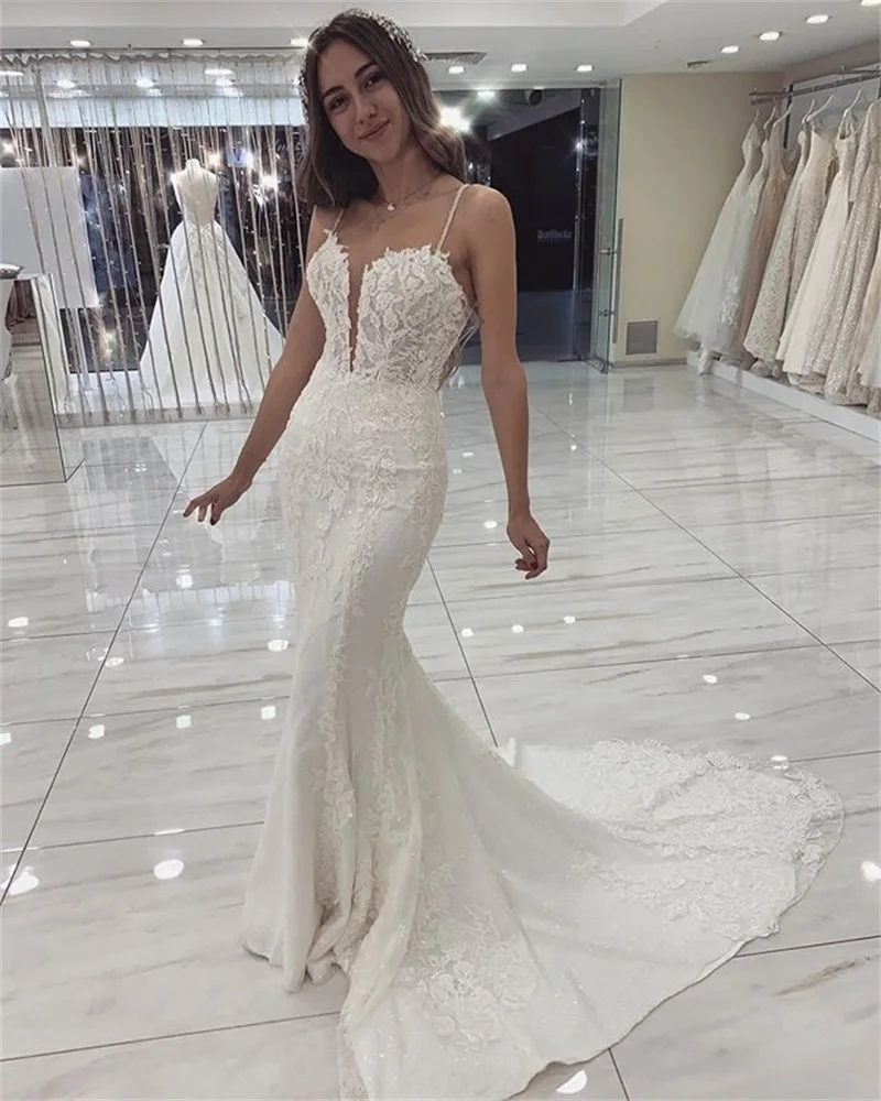 2020 neue Backless Mermaid Brautkleider Spaghetti-trägern einfache Spitze Appliques Sexy Schatz Hochzeit Kleider vestidos de novia