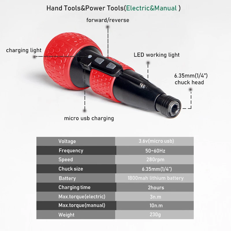 Destornillador eléctrico inalámbrico, minitaladro con batería de litio de 3,6 v y 1800mah, recargable con luz LED Manual