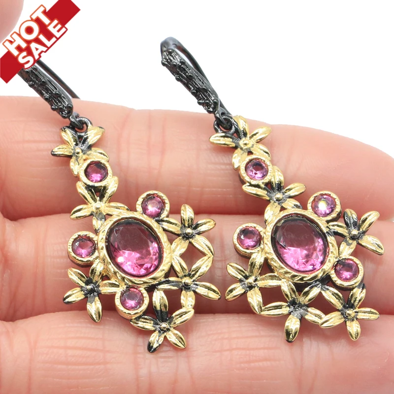 

Buy 3 get 1 free 52x24mm 9.6g Vintage Pink Tourmaline Violet Tanzanite Black Metal Silver Earrings Daily