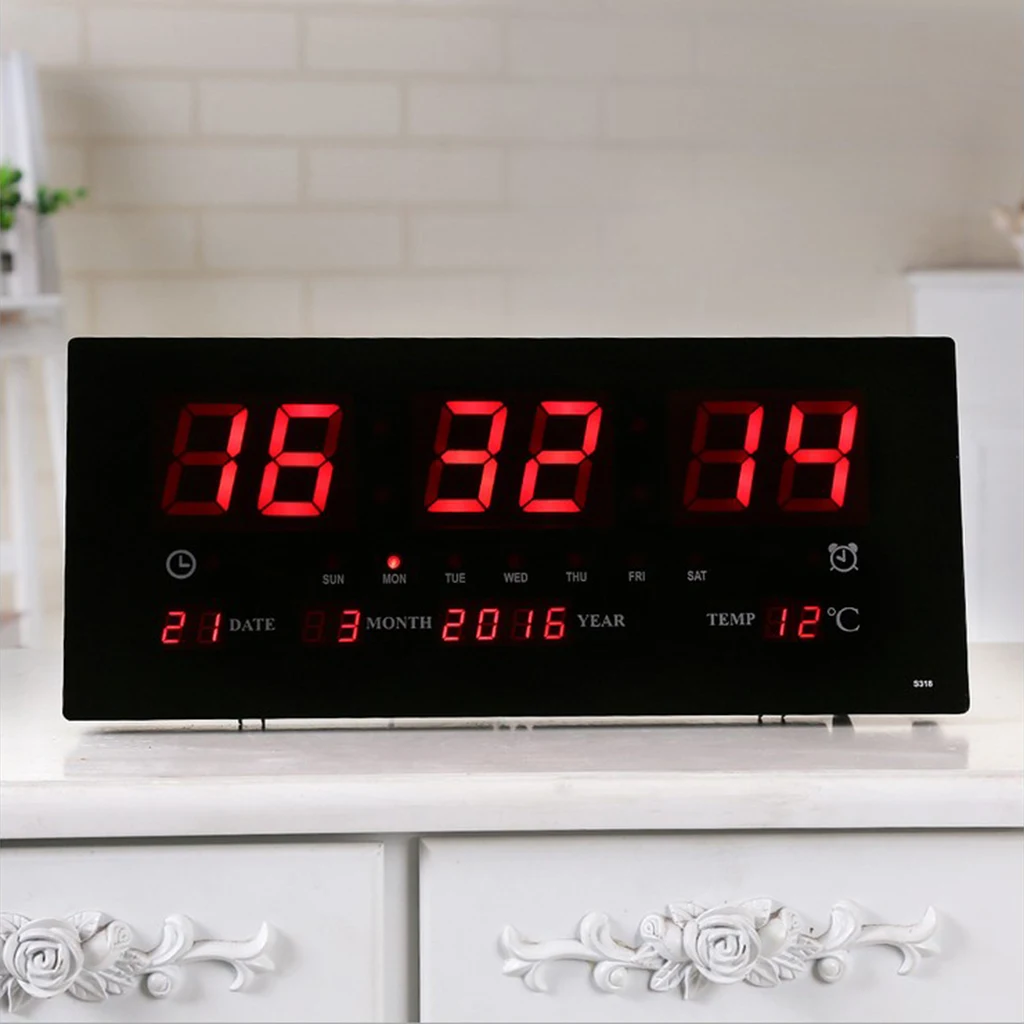 Digital LED Screen Projection Wall Clock Time Calendar with Indoor Thermometer 24H Display - Days/Month/Year EU