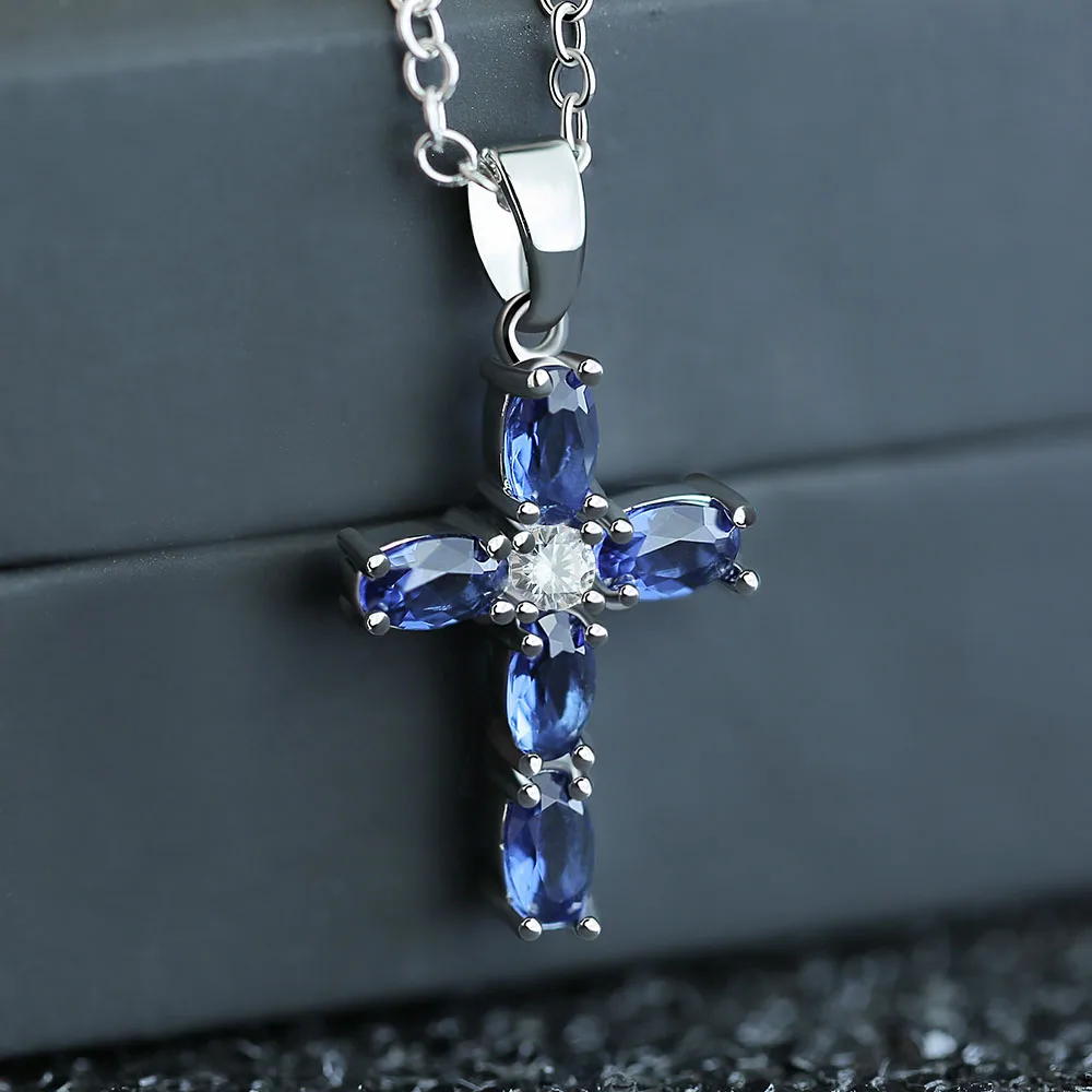 Huitan  Cross Shaped Pendant Necklace Birthday Gift High Quality Ladies Jewelry Prong Setting  Blue CZ Fashion Accessary
