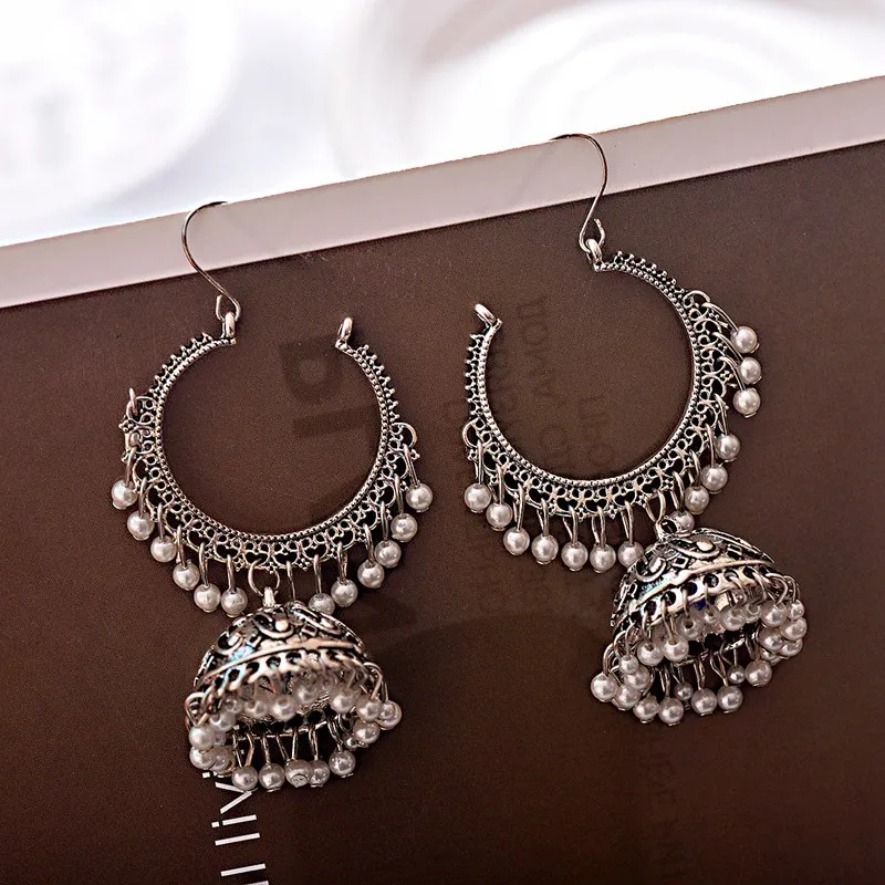 Women\'s Ethnic Retro Round Indian Jhumka Earrings Classic Vintage White Beads Tassel Earrings Wedding Jewelry Bijoux