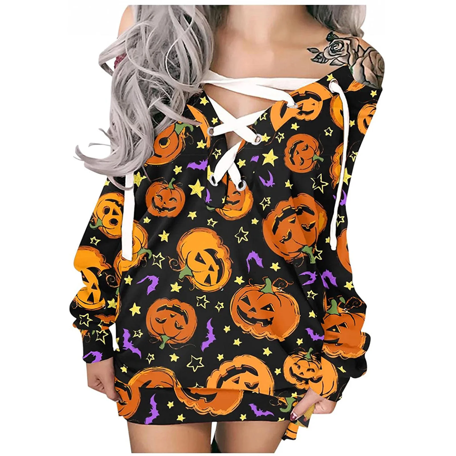 Halloween Hoodie Printed Party Casual Women Clothing Tie-up Round Neck Long Sleeve with Drawstring Sweatshirt Top