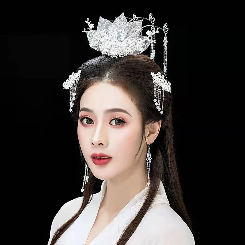 Silver Color Hanfu Headdress Ethnic Style Hairpin Flower Tassel Fringe Jewelry Comb Hair Accessories for Women Girl