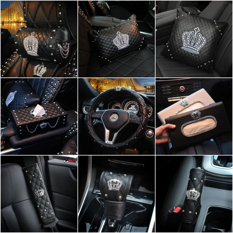 Leather Car Inerior Decoration Accessories Crown Car Steering Wheel Cover Sun Visor Tiessue Auto Pillows Seatbelt Shifter Sets