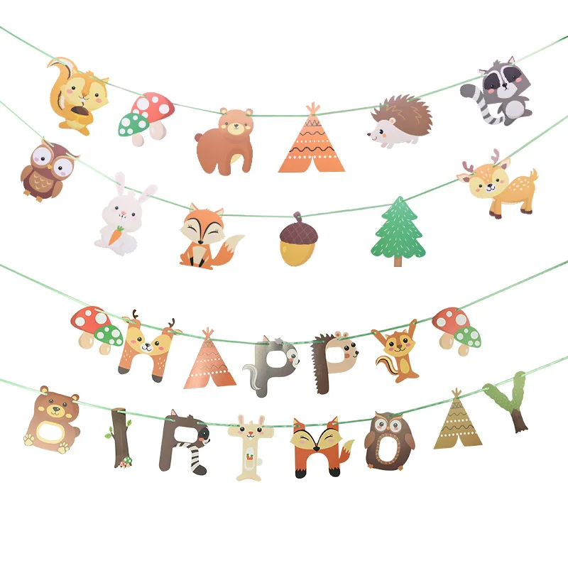 Jungle Animal Flag Banner Forest Squirrel Hedgehog Cat Fox Bunting Paper Garland Baby Shower Kids Happy Birthday Party Decortion