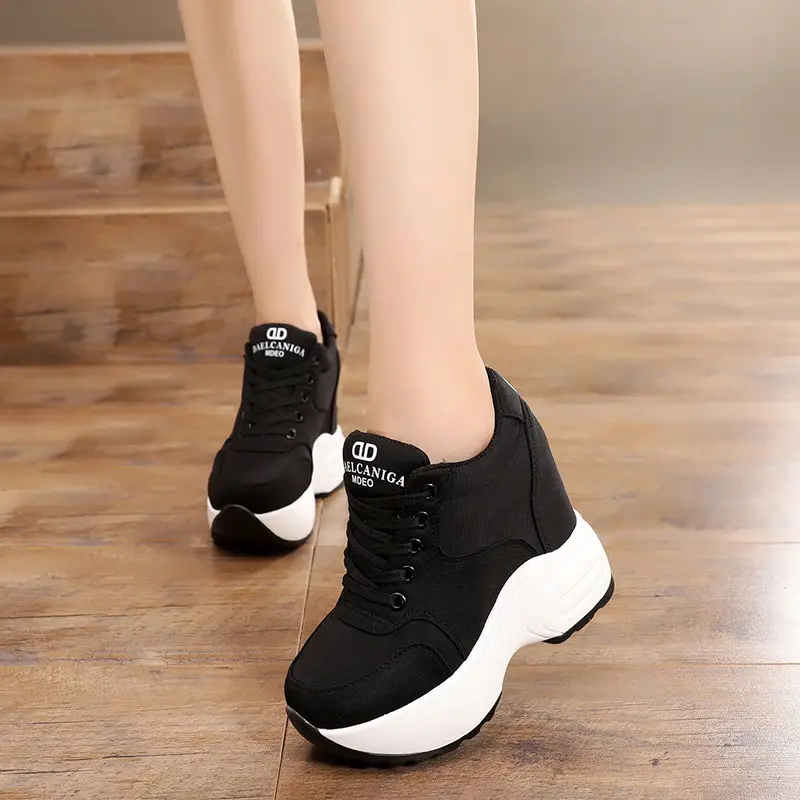 Women Platform Trainers Ankle Boots Autumn Mesh White Sneakers 10CM Heels Wedges Boots Breathable Height Increasing Boots Woman