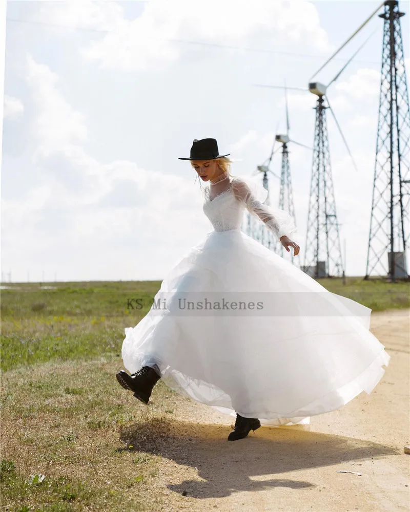 높은 목 시민 Boho 웨딩 드레스 퍼프 긴 소매 빈티지 신부 드레스 비치 웨딩 드레스 보헤미안 진주 Vestido de Noiva