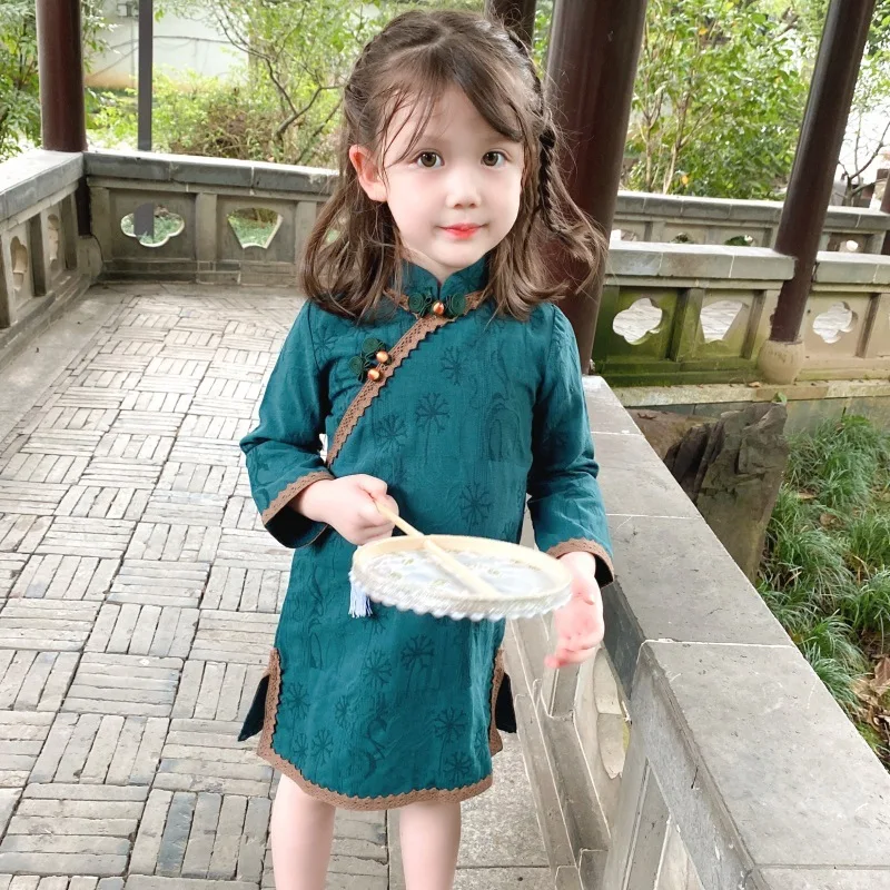 

2021 Chinese Traditional Cheongsam For Girls Green Vintage Dress For Kids Long Sleeve Hanfu Tang Suit