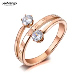 JeeMango Trendy Stainless Steel Roman Numerals Rings For Women Rose Gold Color Double Cubic Zirconia Engagement Jewelry JR19118