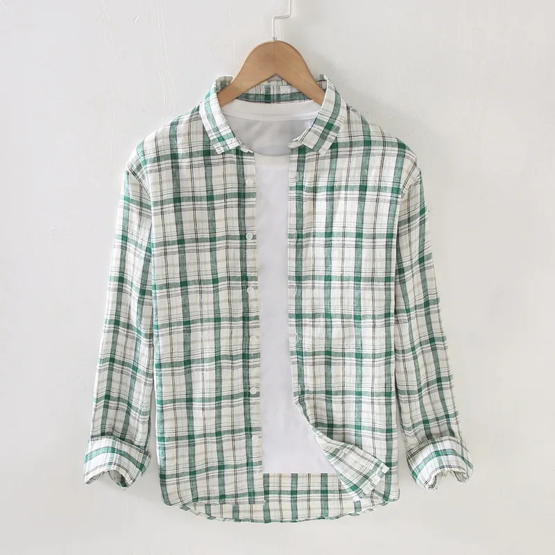 916 Plaid Shirt For Men Classic Fresh Premium Linen Campus Loose-Fit Sport Outdoor Youthful Style Handsome Boyfriend Casual Tops