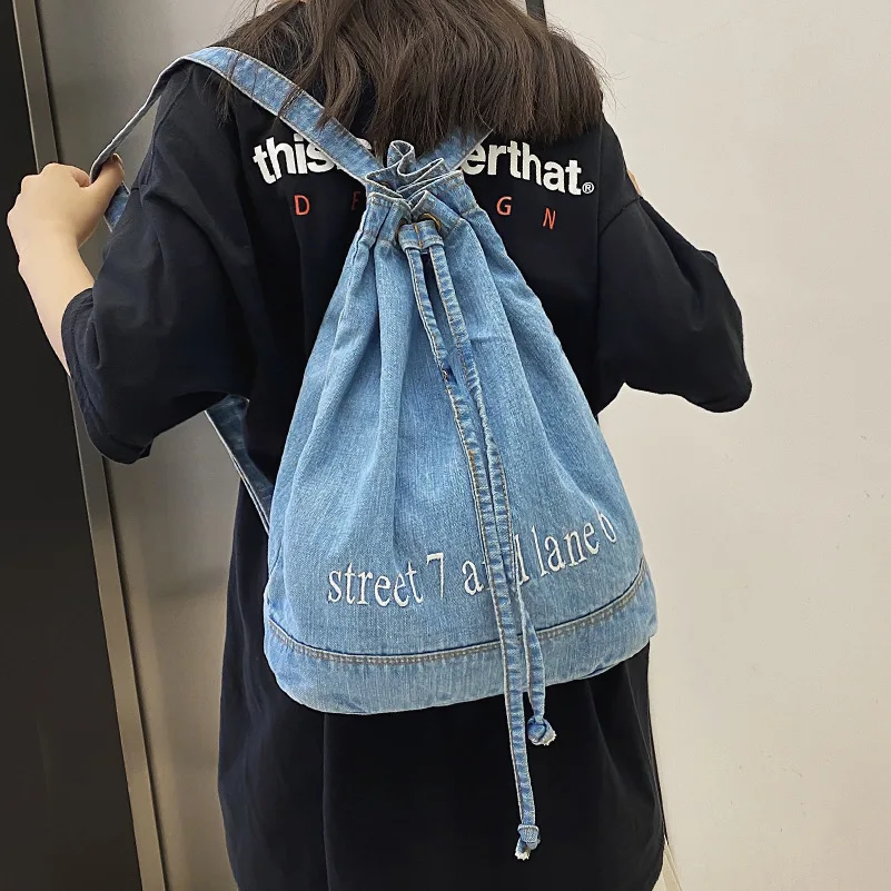 Denim Drawstring women Backpack Big Capacity Casual Cotton Women Backpacks Travel Shoulder Bags School bag Rucksac bagpack blue