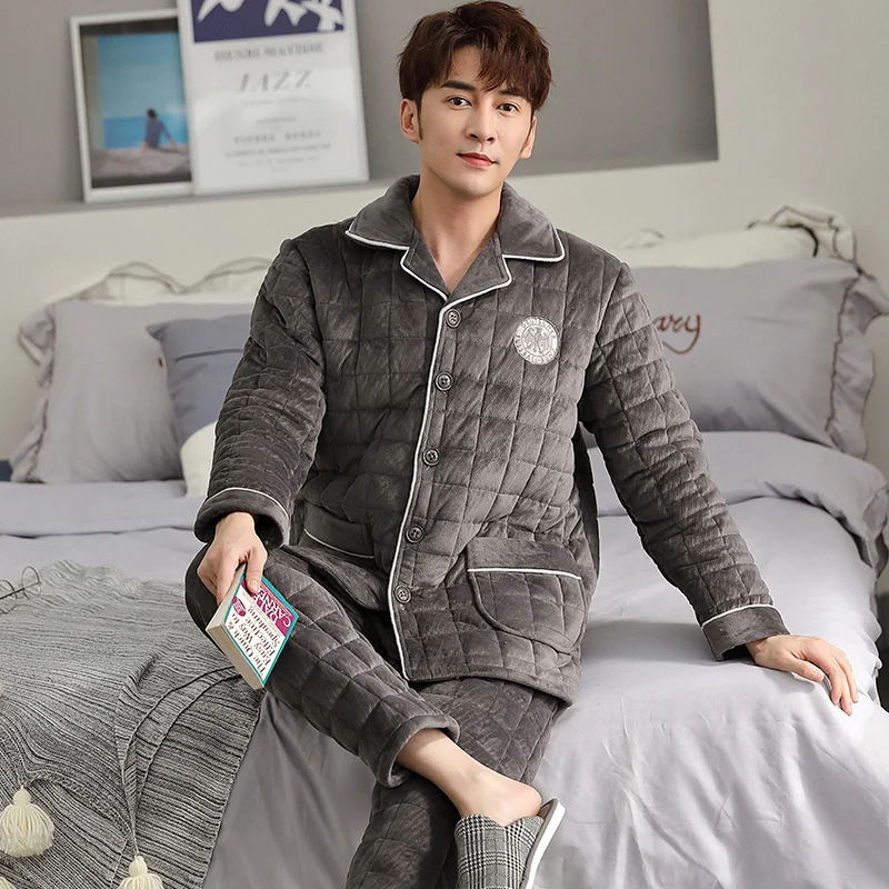 Men Pajamas Set Winter Three Layers Padded Flannel Pijama 3XL Sleepwear Coral Fleece Thick Pyjamas