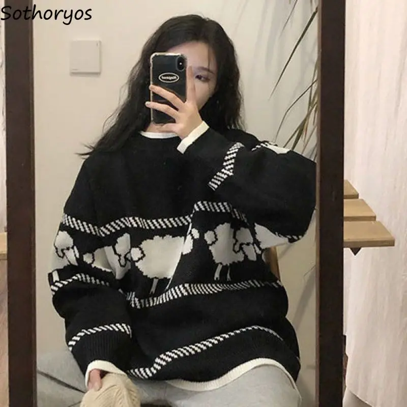 Women Pullovers Sweaters Sheep Print Lovely Sweet Females Student Leisure Chic Loose All-match O-Neck Warm Outwear Street Wear