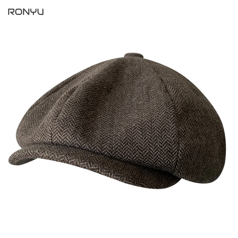 

Men’s Brown Herringbone Newsboy Caps Autumn Vintage Octagon Cap Women Men’s Classic Style Plaid Beret British Gatsby Hat NM08-2