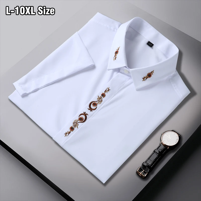 

2023 Summer Men's Short-sleeved Shirt 8XL 9XL 10XL Plus Size Elegant Embroidery Dress Wedding Loose Plus Size Shirts Black White