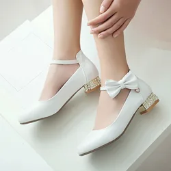 YQBTDL Spring 2022 Fashion Crystal Chunky Heel Ladies Pumps Bowtie Ankle Strap Pink White Wedding Party Shoes Woman Low Heels