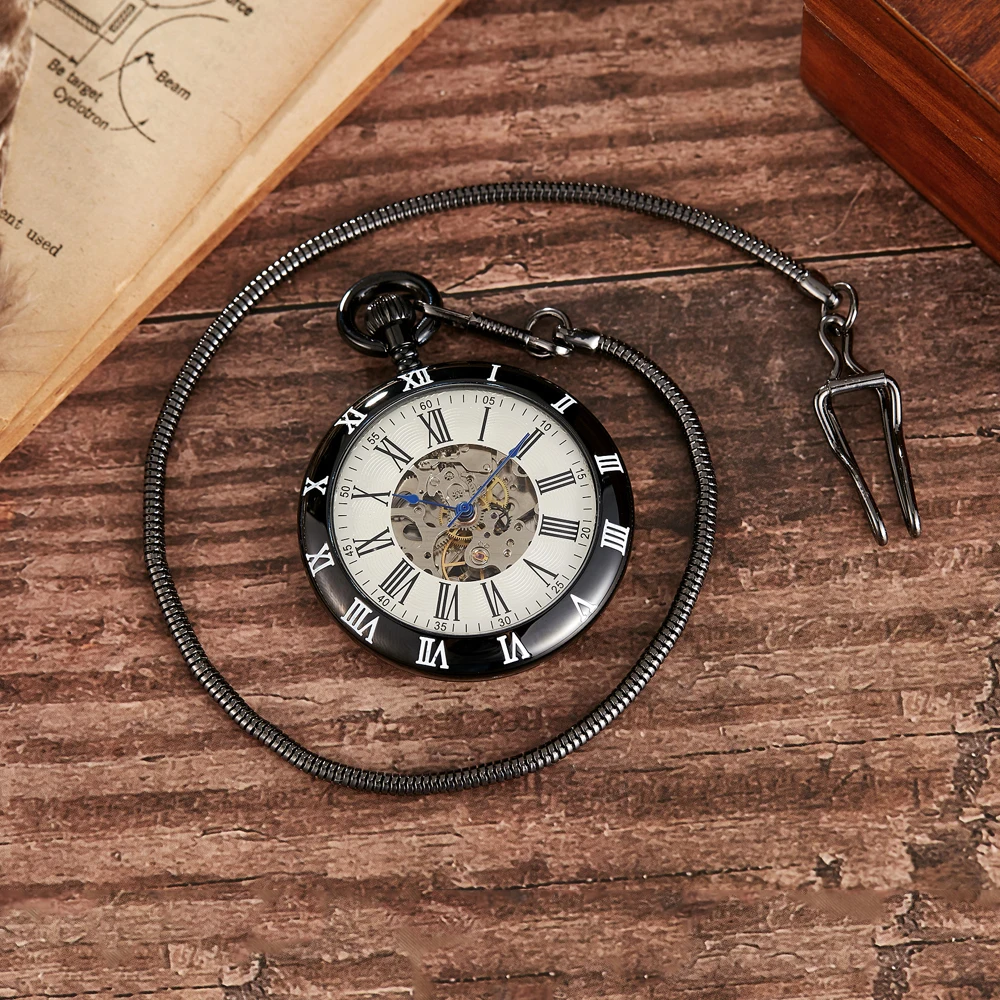 Luxuriöse Römischen Ziffern Mechanische Taschenuhr Männer Frauen Schwarz Steampunk Vintage Anhänger Halskette Besten Geschenke für Männer Frauen