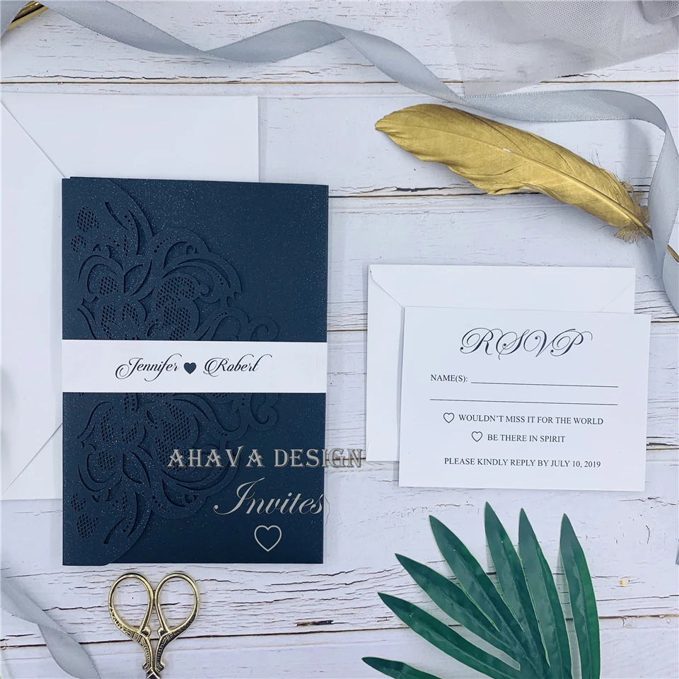 Dark Navy Tri-fold Laser Cut Wedding Invites With Belly Band&Respond Card, Free design