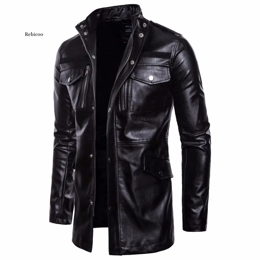 

Men's Mid Long Leather Jacket Men Spring Autumn Motorcycle Biker Leather Jackets Coats Male Windbreaker Black Outwear