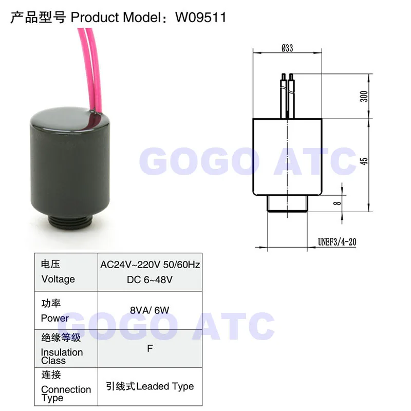 GOGO only coil for PP series valve solenoid coil Lead type W09511 9VA 8VA/6W 24VDC 12V DC 220V AC 110V AC